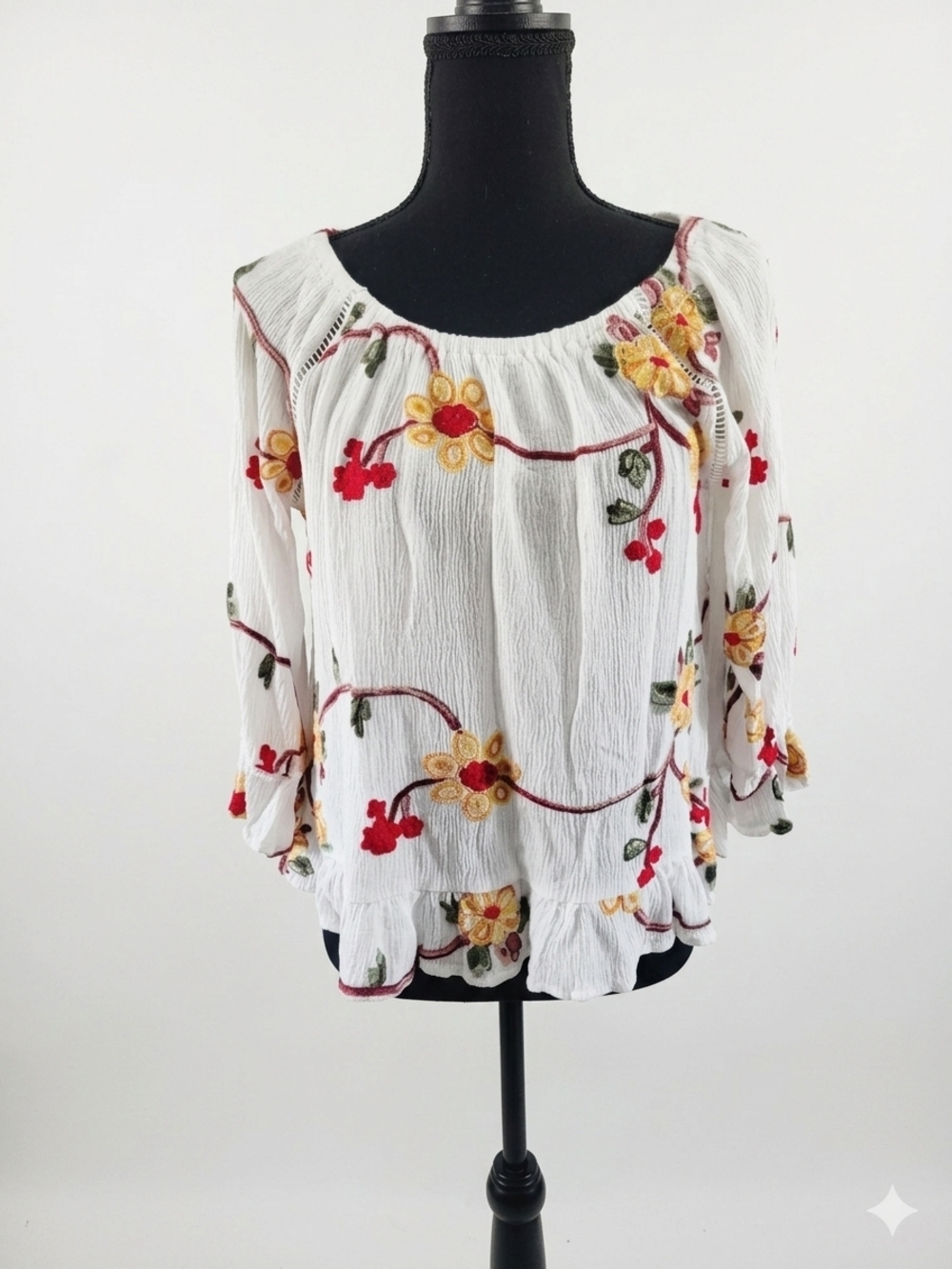 Boho Embroidered White Peasant Blouse with Yellow & Red Floral Detail